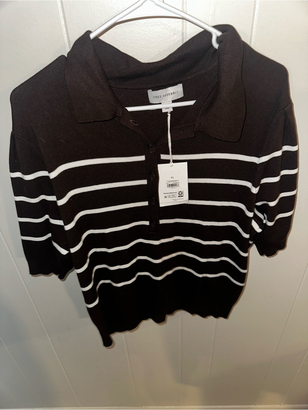 Black and White Striped Polo-Style Sweater